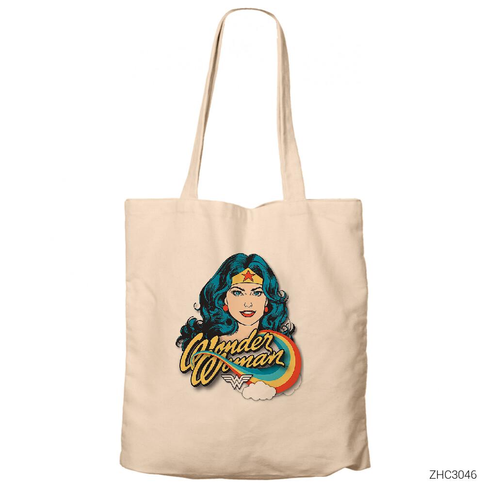 Wonder Woman Cartoon Krem Fermuarlı Bez Çanta Gabardin