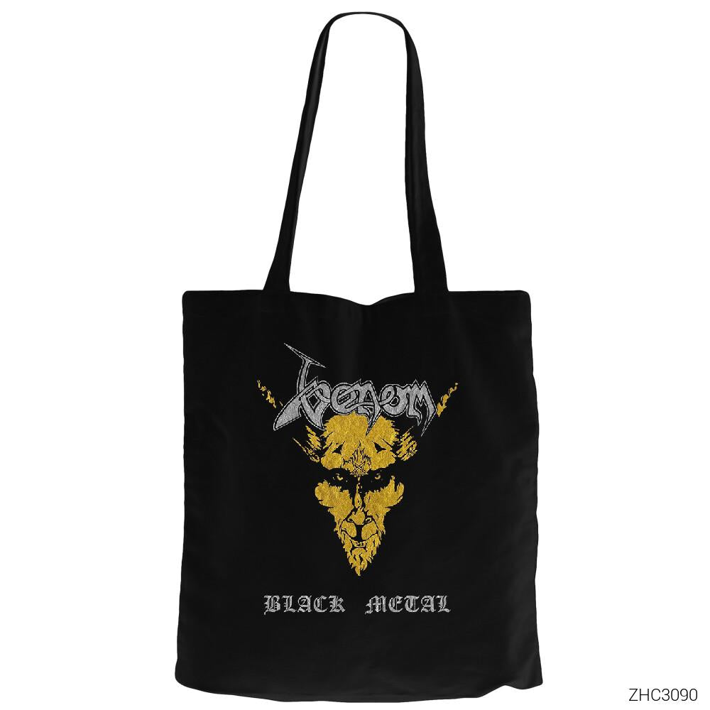 Venom Black Metal Siyah Fermuarlı Bez Çanta Gabardin