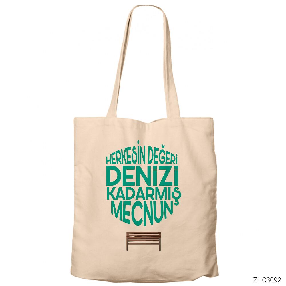 Herkesin Değeri Denizi Kadarmış Mecnun Krem Fermuarlı Bez Çanta Gabardin