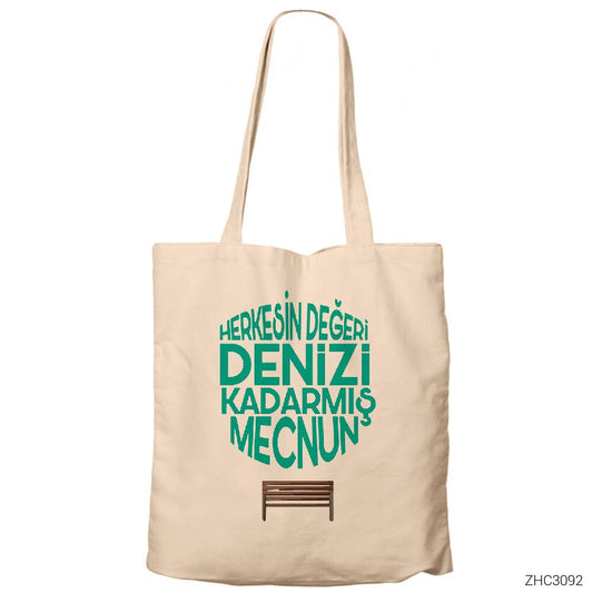 Herkesin Değeri Denizi Kadarmış Mecnun Krem Fermuarlı Bez Çanta Gabardin