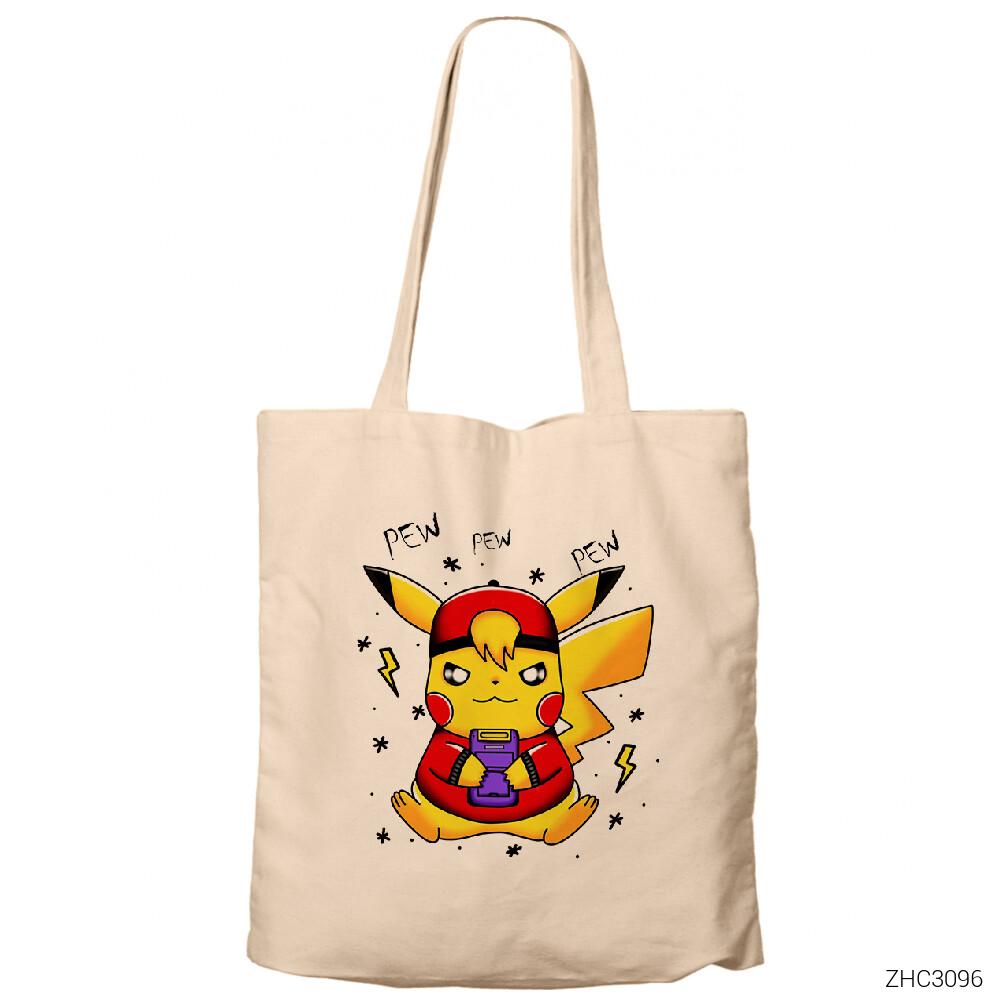 Pikachu Pew Krem Fermuarlı Bez Çanta Gabardin