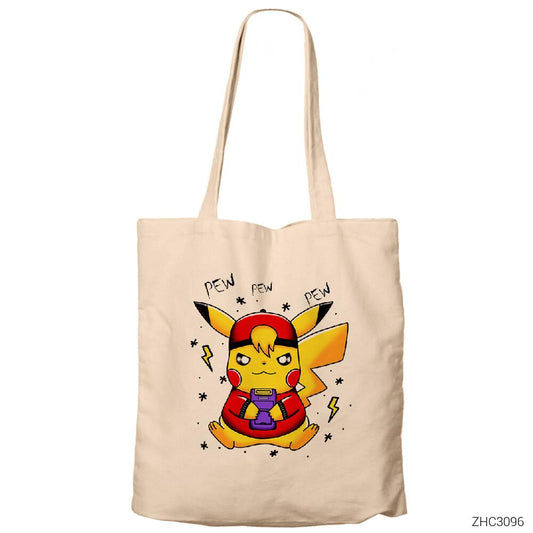 Pikachu Pew Krem Fermuarlı Bez Çanta Gabardin