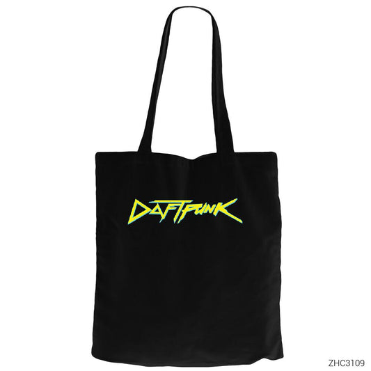 Daft Punk Logo Siyah Fermuarlı Bez Çanta Gabardin