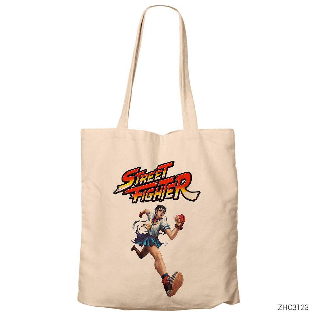 Street Fighter Sakura Krem Fermuarlı Bez Çanta Gabardin