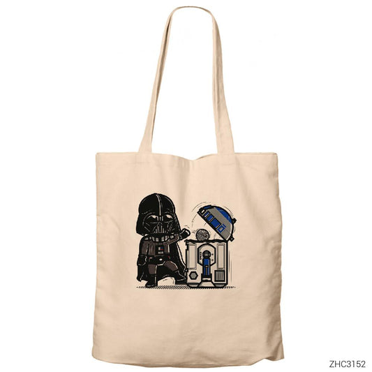 Darth Vader R2D2 Trashcan Krem Fermuarlı Bez Çanta Gabardin