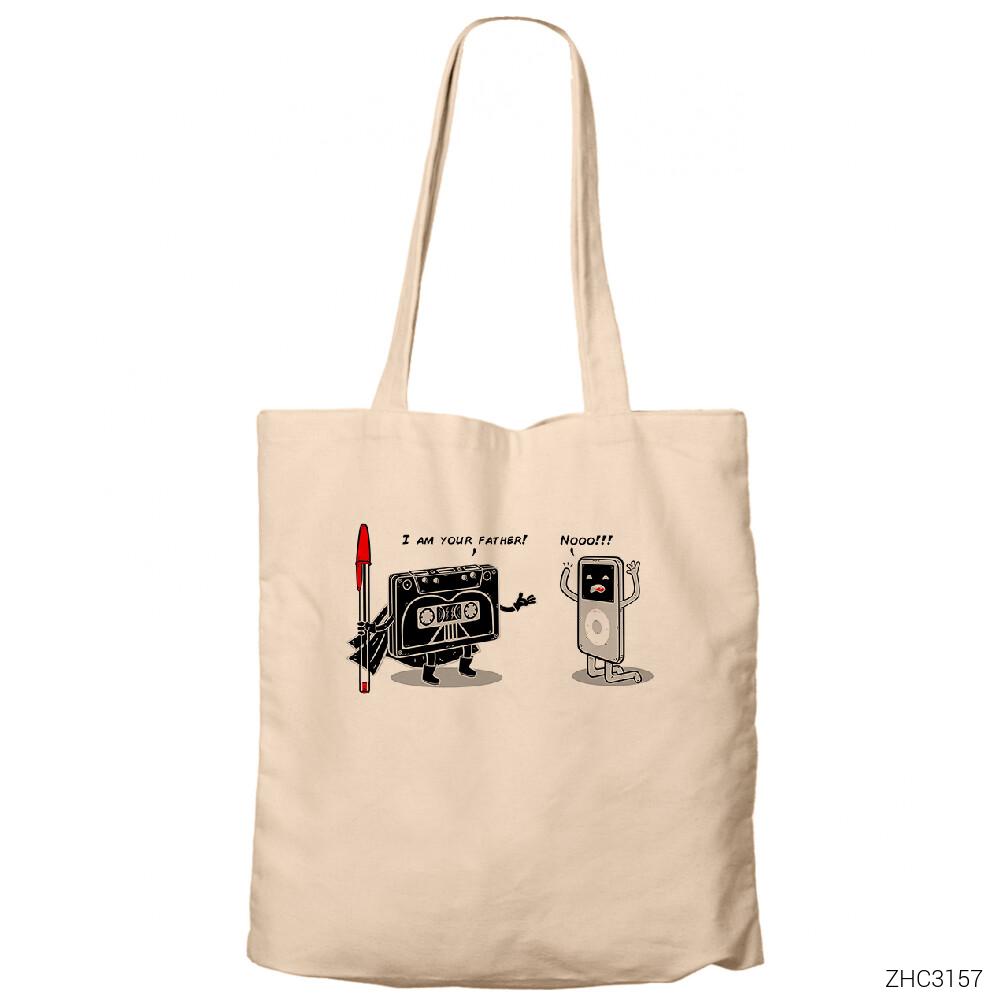 Kaset vs iPod Krem Fermuarlı Bez Çanta Gabardin