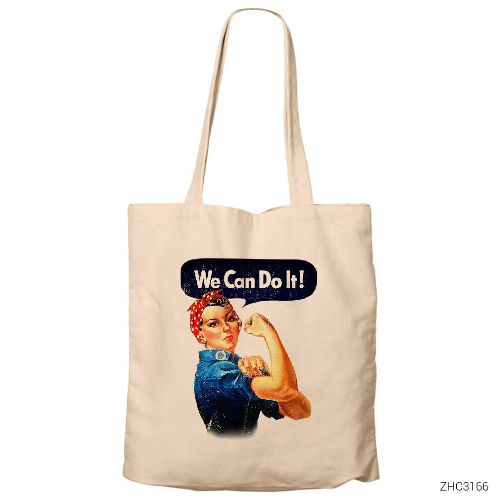 We Can Do It Krem Fermuarlı Bez Çanta Gabardin