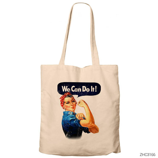 We Can Do It Krem Fermuarlı Bez Çanta Gabardin
