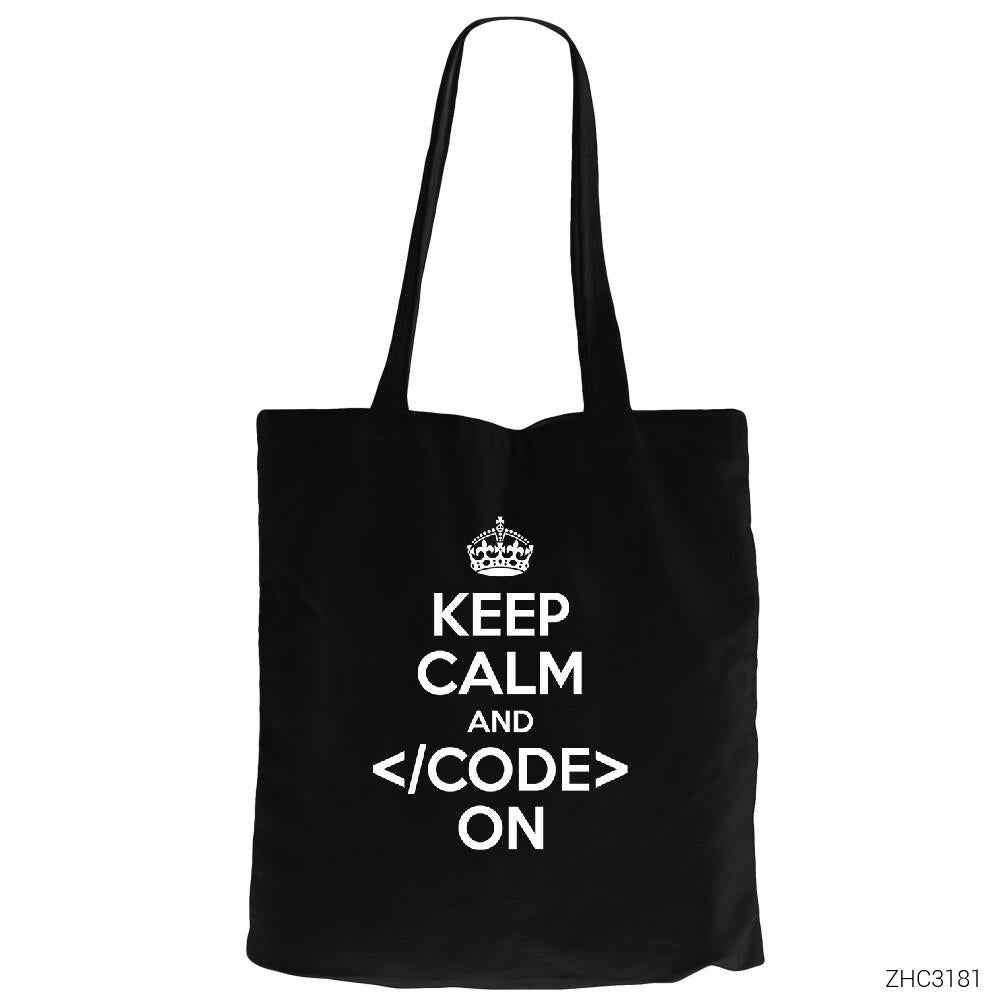 Keep Calm Code Siyah Kanvas Bez Çanta