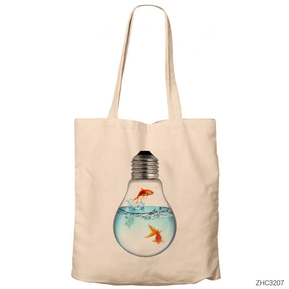 Balık ve Ampül Krem Fermuarlı Bez Çanta Gabardin