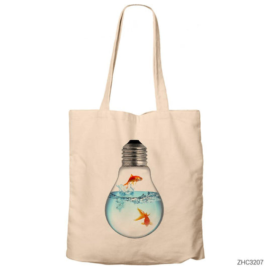 Balık ve Ampül Krem Fermuarlı Bez Çanta Gabardin