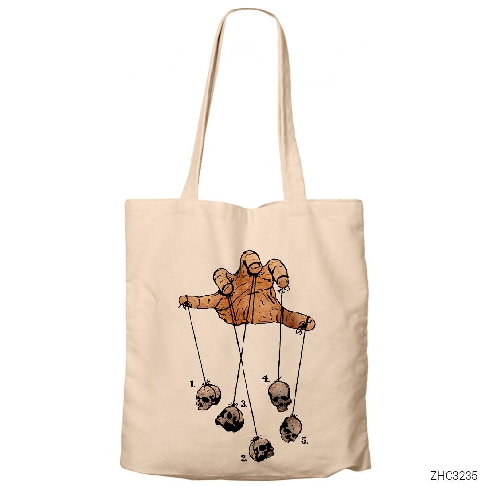 Puppet Skull Krem Fermuarlı Bez Çanta Gabardin