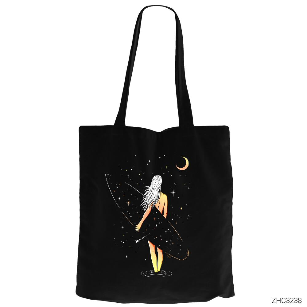 Surfer Girl Siyah Fermuarlı Bez Çanta Gabardin