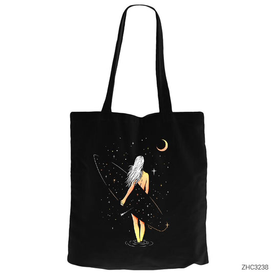 Surfer Girl Siyah Fermuarlı Bez Çanta Gabardin