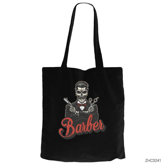 Barber Skull Siyah Fermuarlı Bez Çanta Gabardin