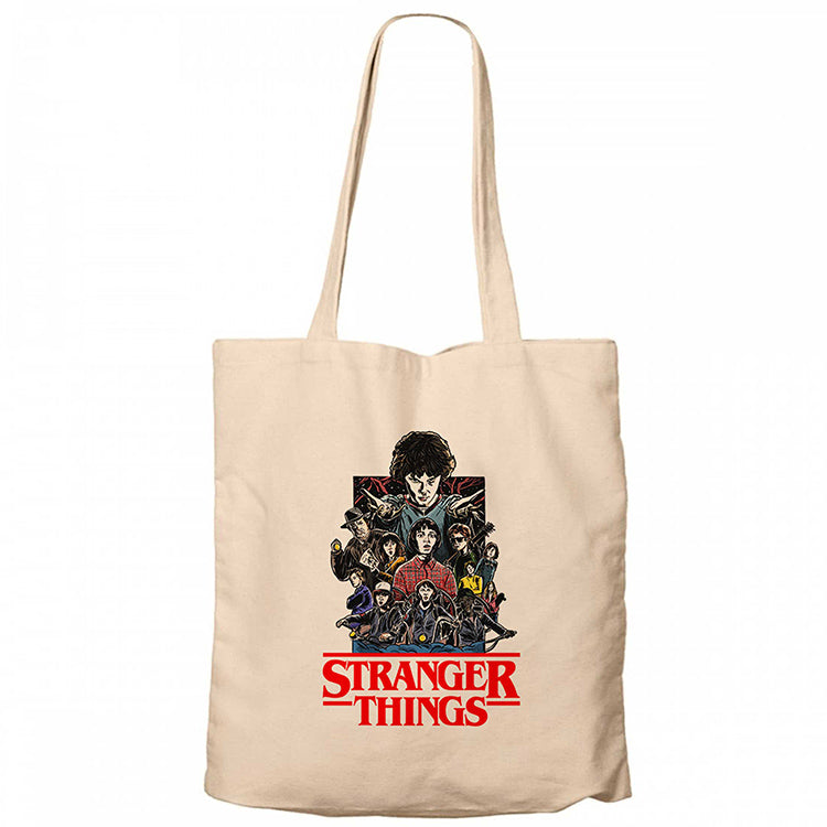Stranger Things Characters Krem Fermuarlı Bez Çanta Gabardin