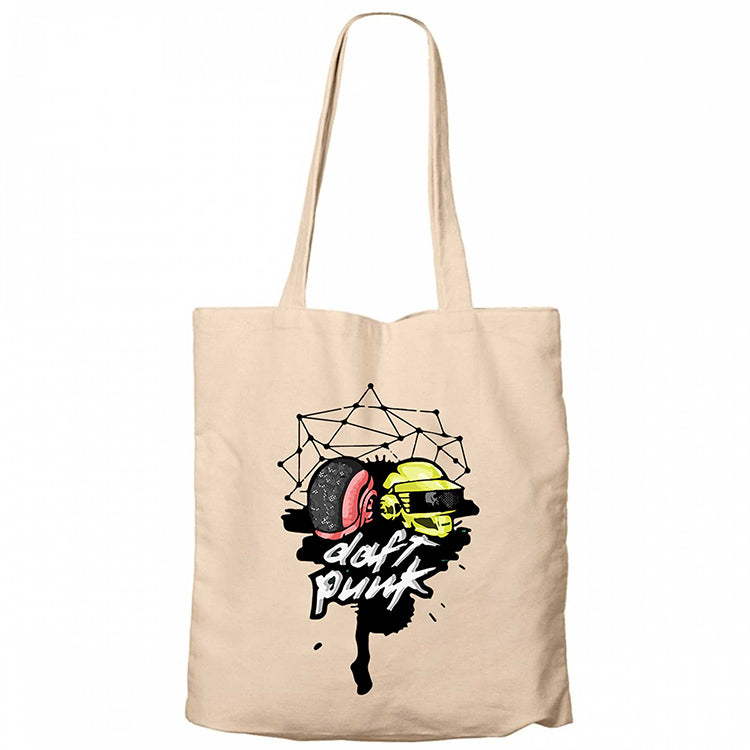 Daft Punk Cartoon Head Krem Fermuarlı Bez Çanta Gabardin