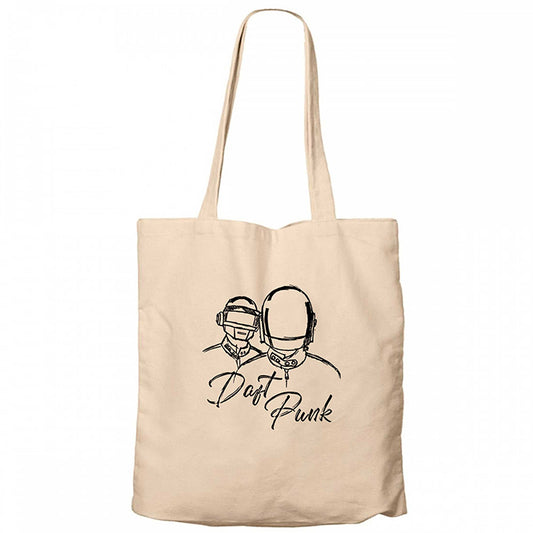 Daft Punk Drawing Krem Fermuarlı Bez Çanta Gabardin