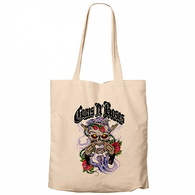 Guns N Roses Skull and Gun Krem Fermuarlı Bez Çanta Gabardin