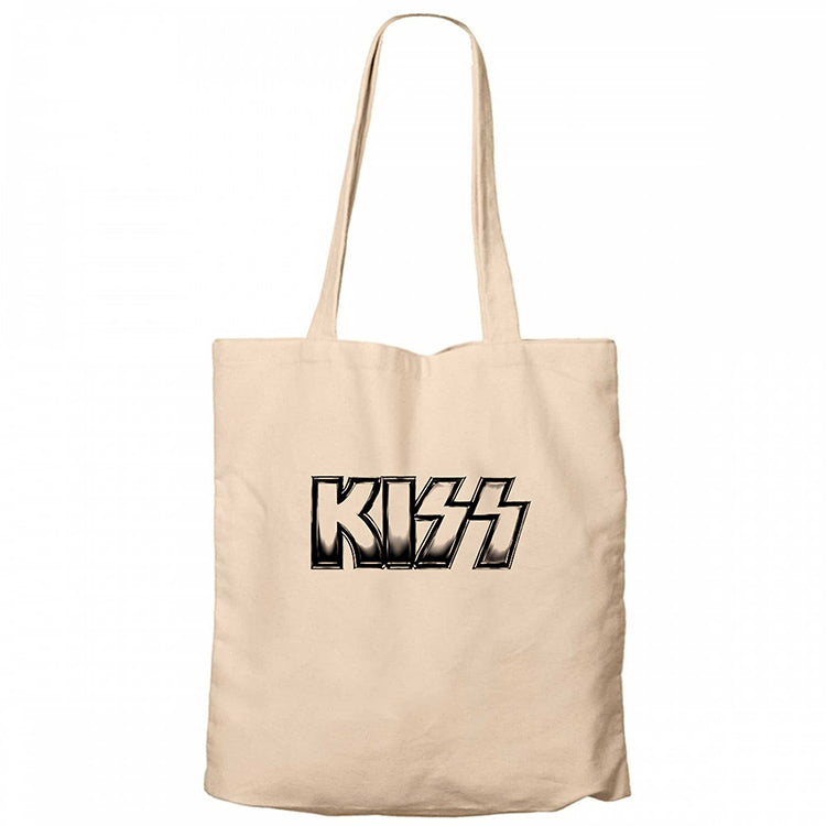 Kiss Metalic Logo Krem Fermuarlı Bez Çanta Gabardin
