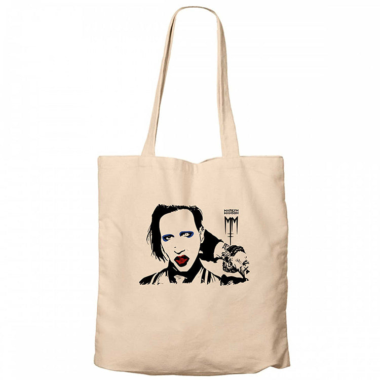 Marilyn Manson Portre Krem Fermuarlı Bez Çanta Gabardin