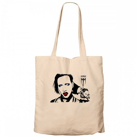 Marilyn Manson Portre Krem Fermuarlı Bez Çanta Gabardin