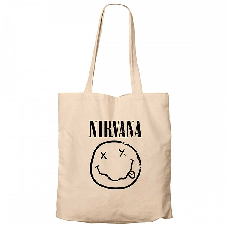 Nirvana Smiley Face Krem Fermuarlı Bez Çanta Gabardin
