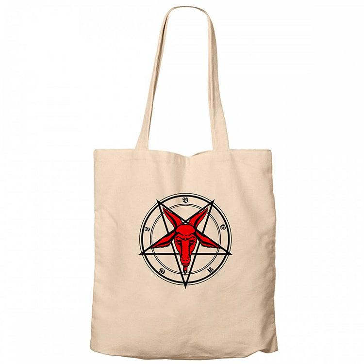 Pentagram Goat Head Krem Fermuarlı Bez Çanta Gabardin