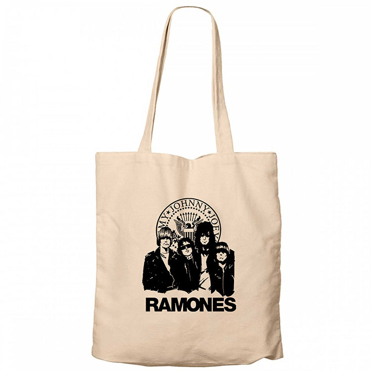 Ramones Logo and Group Krem Fermuarlı Bez Çanta Gabardin