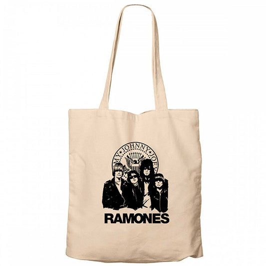 Ramones Logo and Group Krem Fermuarlı Bez Çanta Gabardin