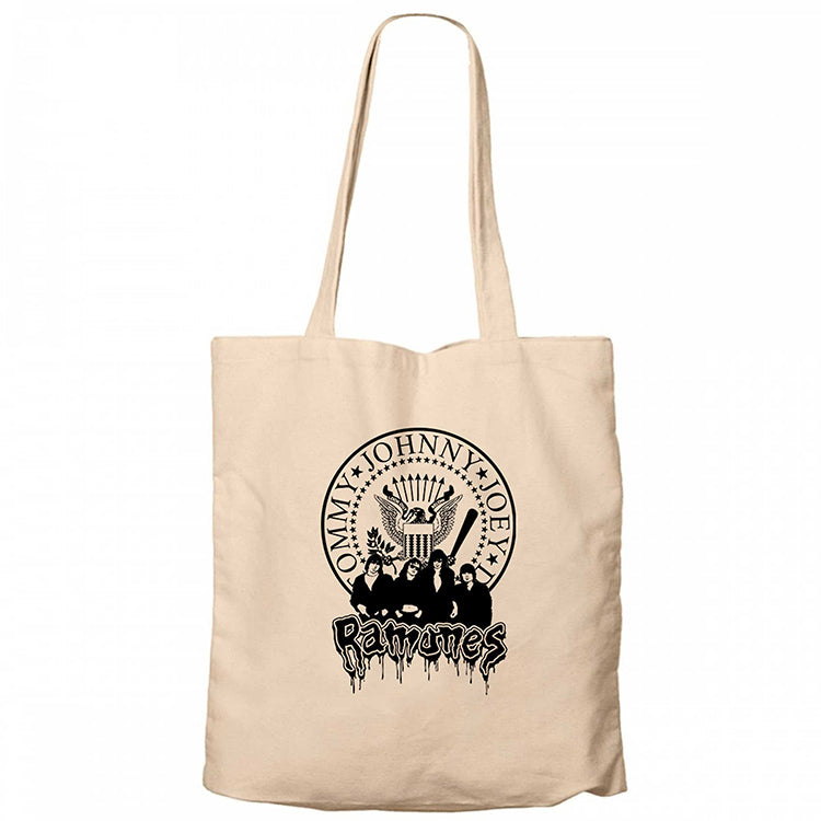 Ramones Text and Group Krem Fermuarlı Bez Çanta Gabardin