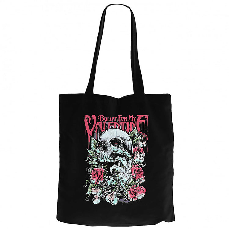 Bullet for My Valentine Skull Roses Siyah Fermuarlı Bez Çanta Gabardin