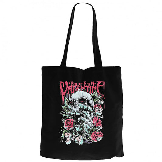 Bullet for My Valentine Skull Roses Siyah Fermuarlı Bez Çanta Gabardin