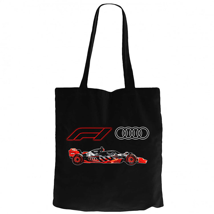 F1 Audi Logo Car Siyah Fermuarlı Bez Çanta Gabardin