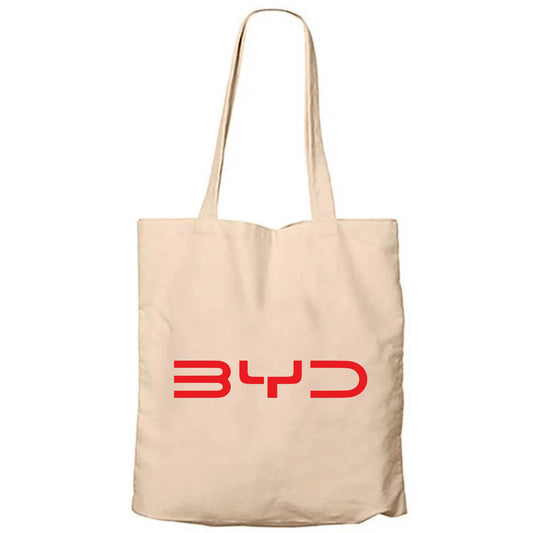 BYD Logo Text Red Krem Fermuarlı Bez Çanta Gabardin