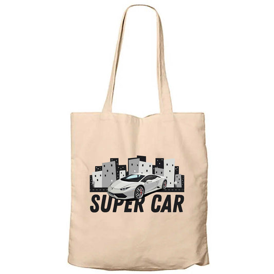 Süper Car Lamborghini Krem Fermuarlı Bez Çanta Gabardin