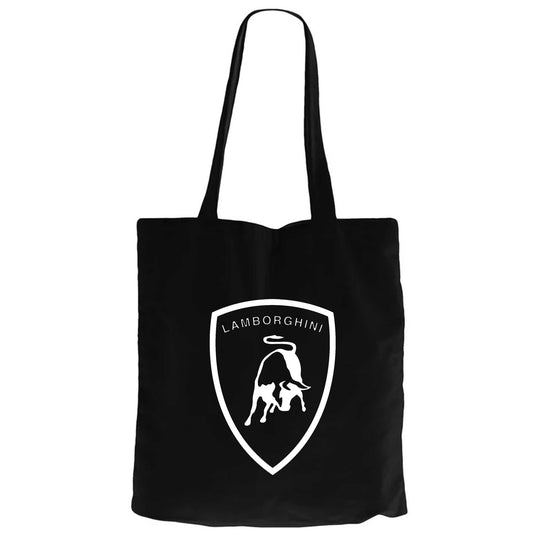 Lamborghini Logo White Siyah Fermuarlı Bez Çanta Gabardin