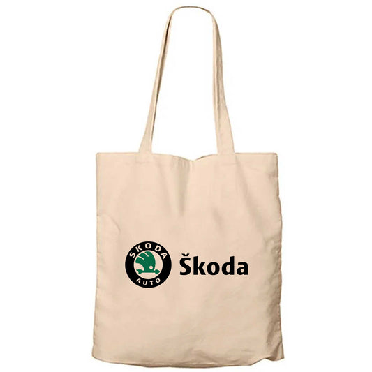 Skoda Text Logo Krem Fermuarlı Bez Çanta Gabardin