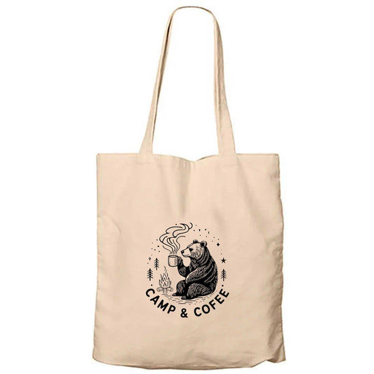 Camp Coffe Bear Krem Fermuarlı Bez Çanta Gabardin