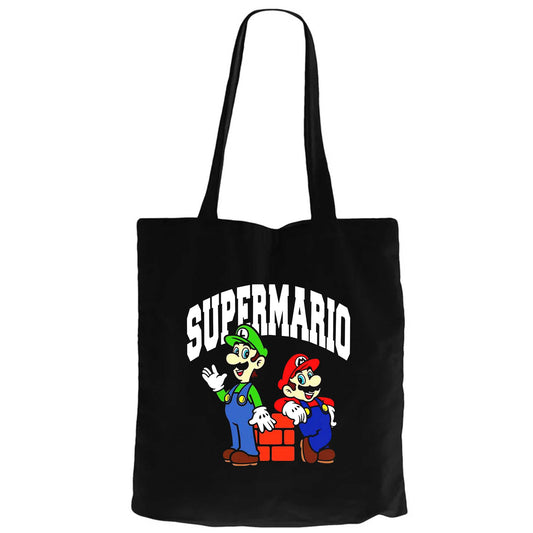Super Mario Siyah Fermuarlı Bez Çanta Gabardin