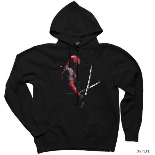 Deadpool Kılıçlı Siyah Fermuarlı Kapşonlu Sweatshirt