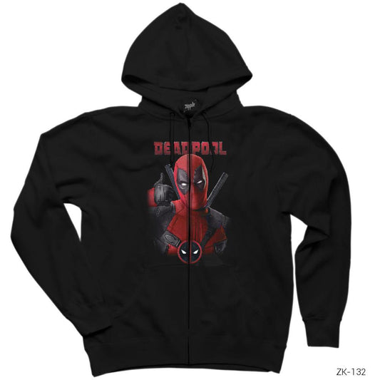 Deadpool Siyah Fermuarlı Kapşonlu Sweatshirt