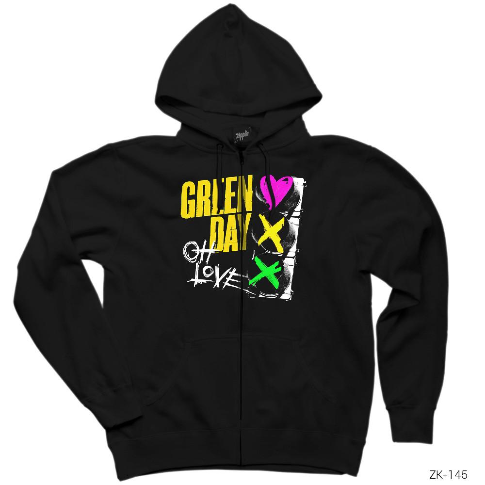 Green Day Oh Love Siyah Fermuarlı Kapşonlu Sweatshirt