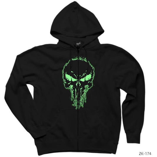 Punisher Green Siyah Fermuarlı Kapşonlu Sweatshirt
