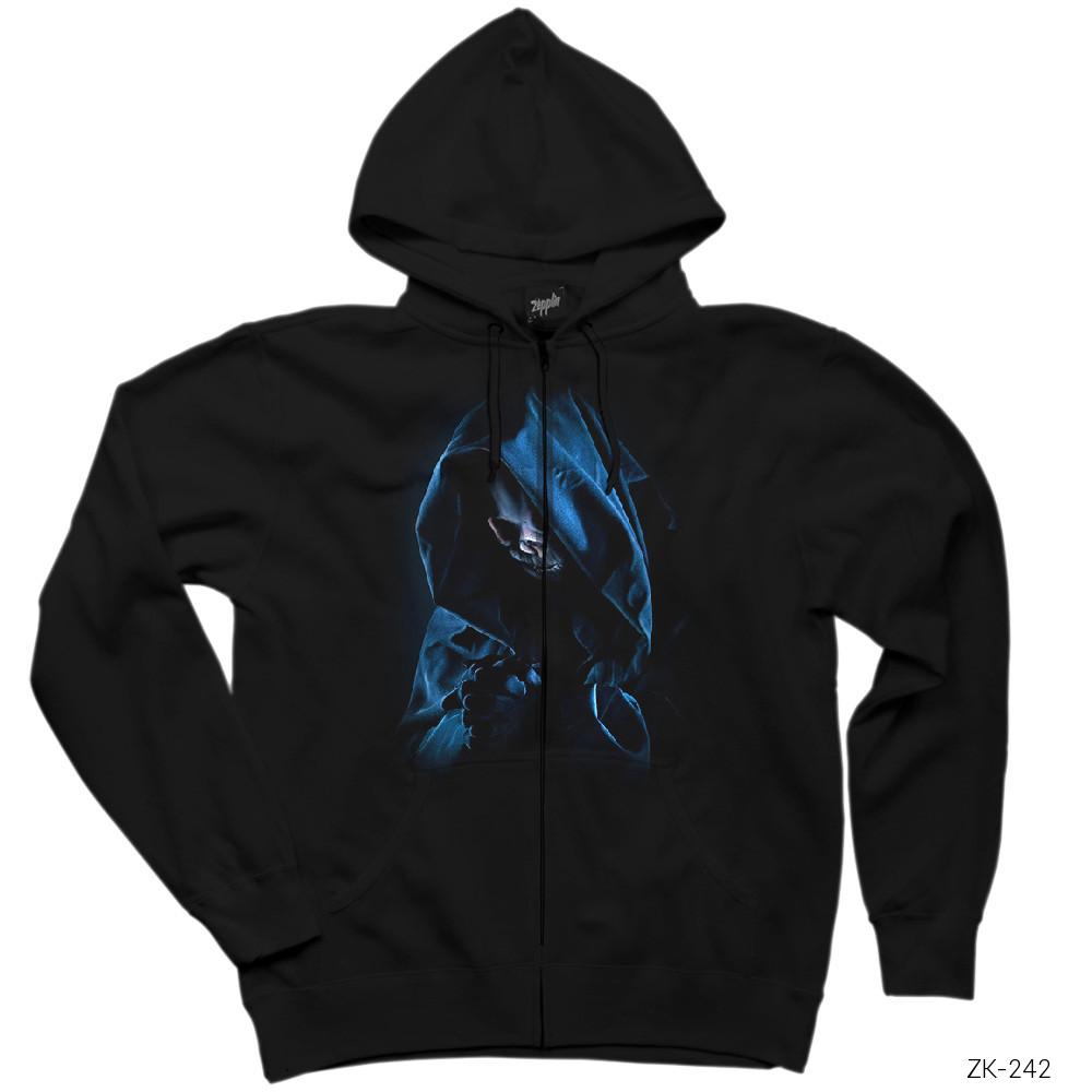 Grim Reaper Kuru Kafa Siyah Fermuarlı Kapşonlu Sweatshirt