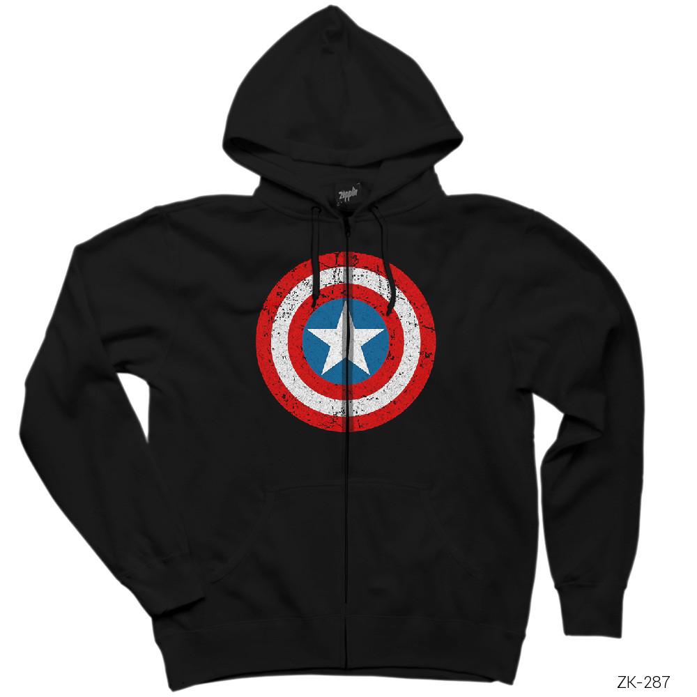 Captain America Kalkan Siyah Fermuarlı Kapşonlu Sweatshirt