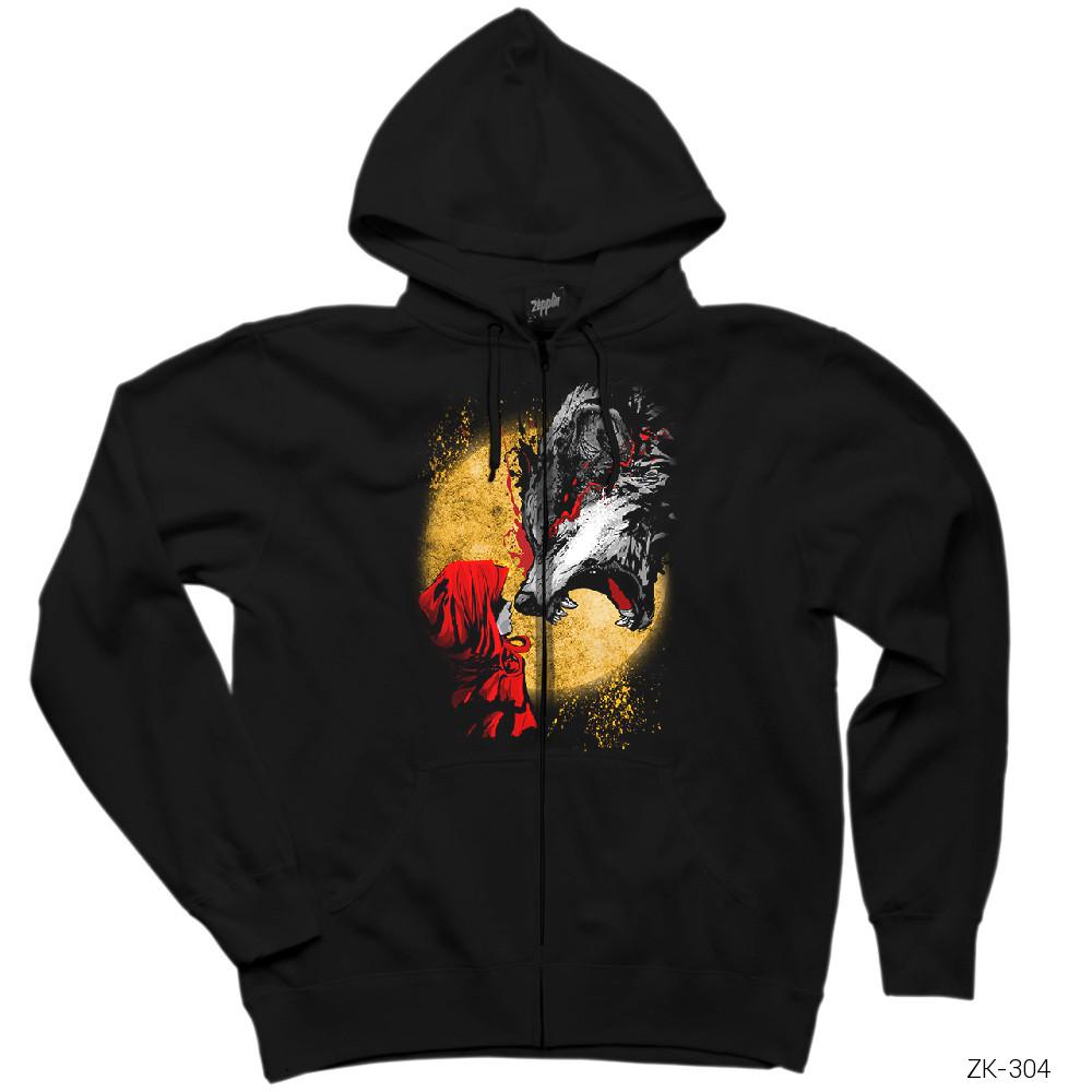 Kırmızı Başlıklı Kız ve Kurt Siyah Fermuarlı Kapşonlu Sweatshirt