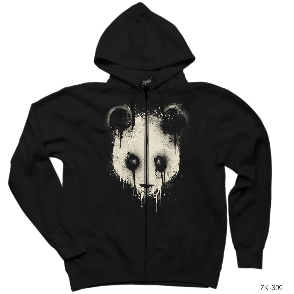 Panda Splash Siyah Fermuarlı Kapşonlu Sweatshirt