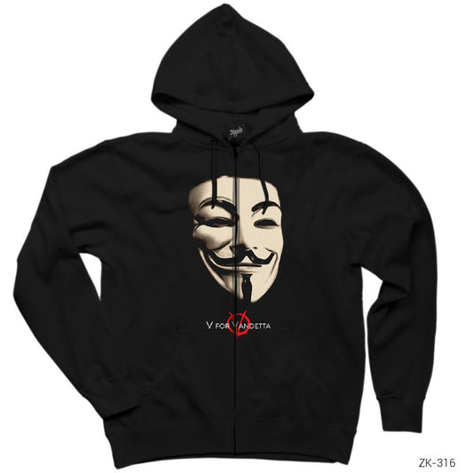 V For Vendetta Maske Siyah Fermuarlı Kapşonlu Sweatshirt