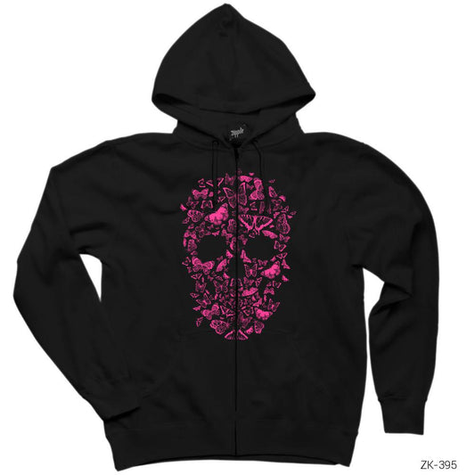 Skull Butterfly Siyah Fermuarlı Kapşonlu Sweatshirt